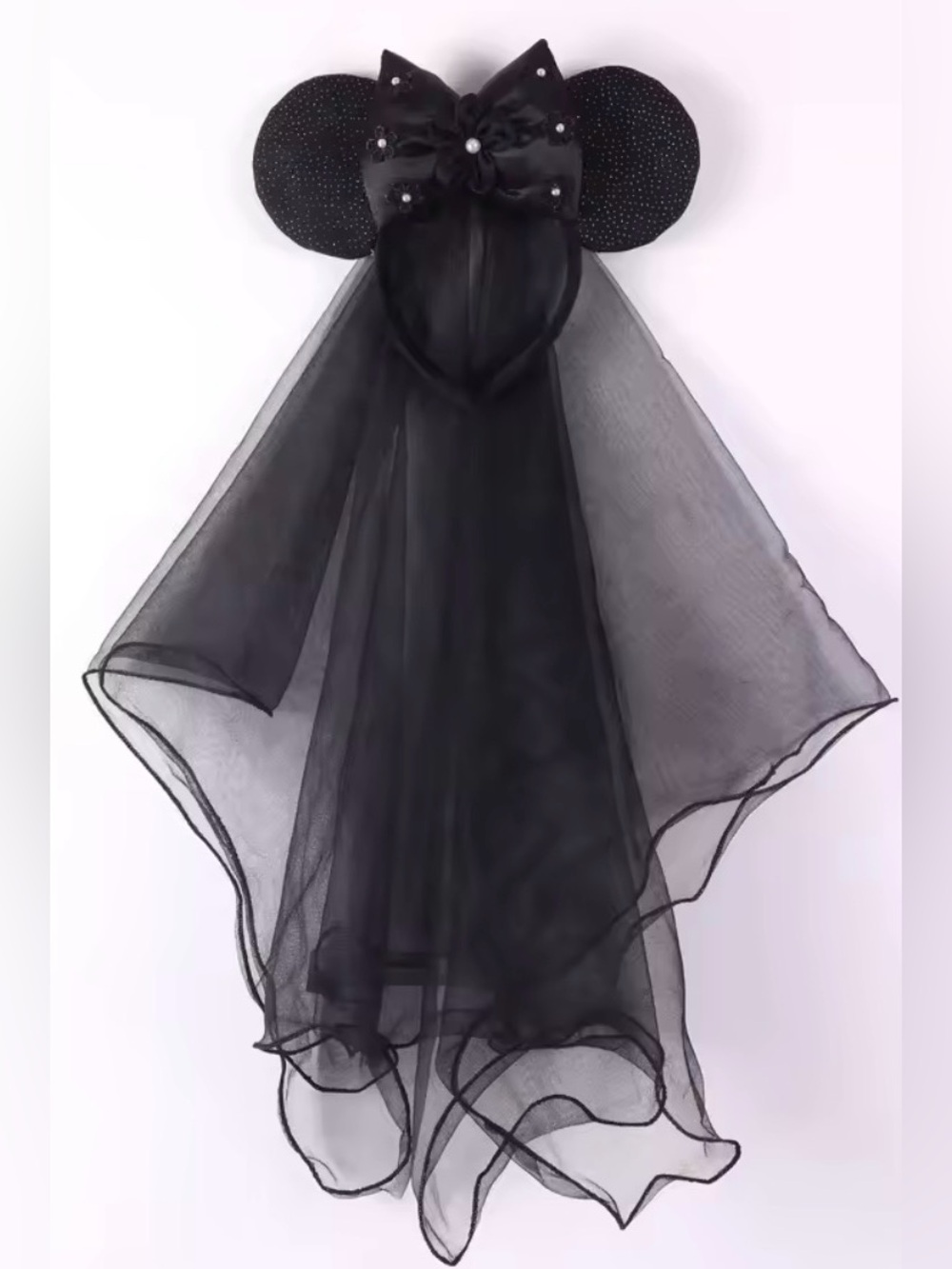 Black Wedding Floral Mouse Ears Headband with Veil